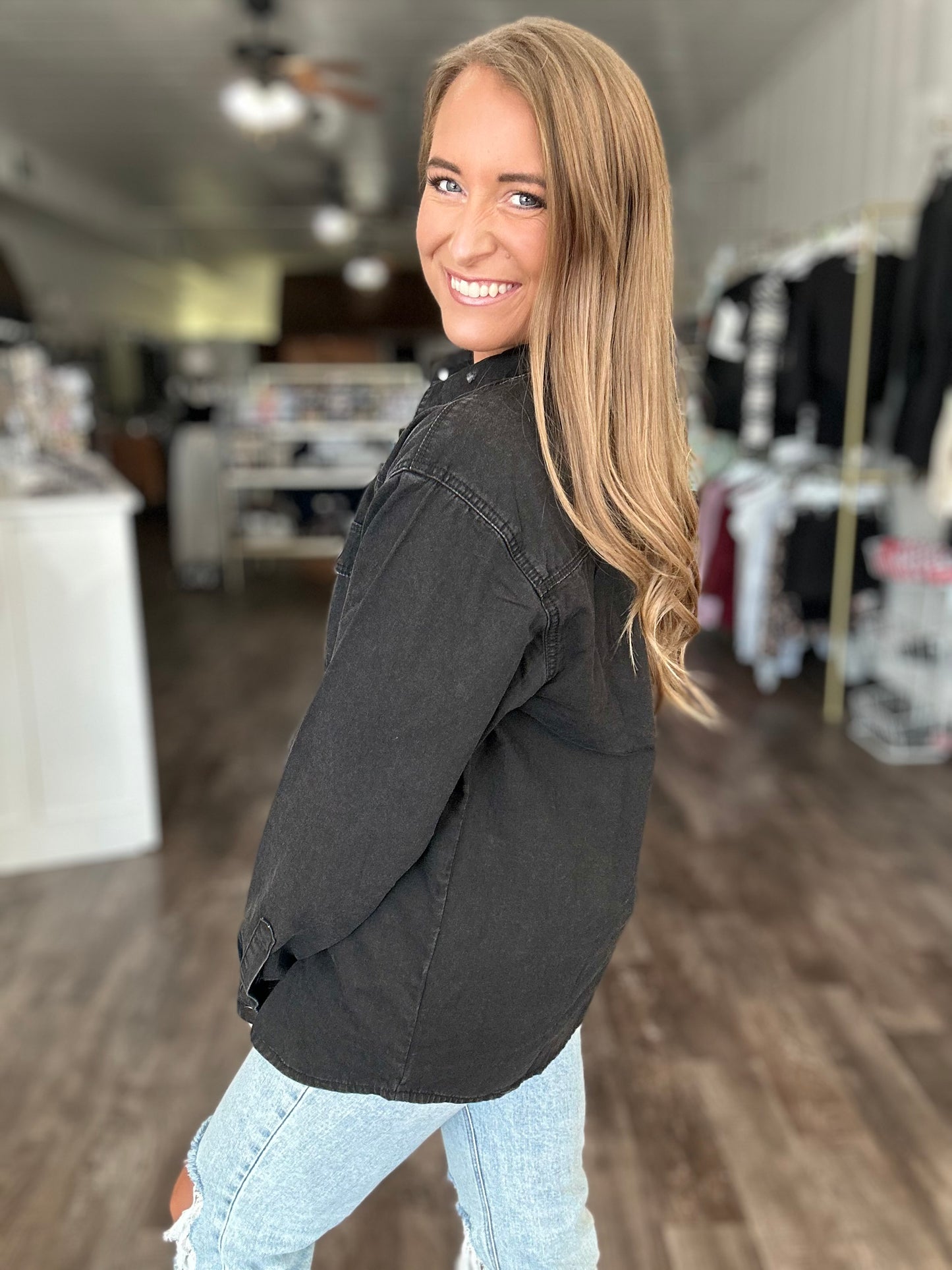 Making Moves Oversized Denim Button Down