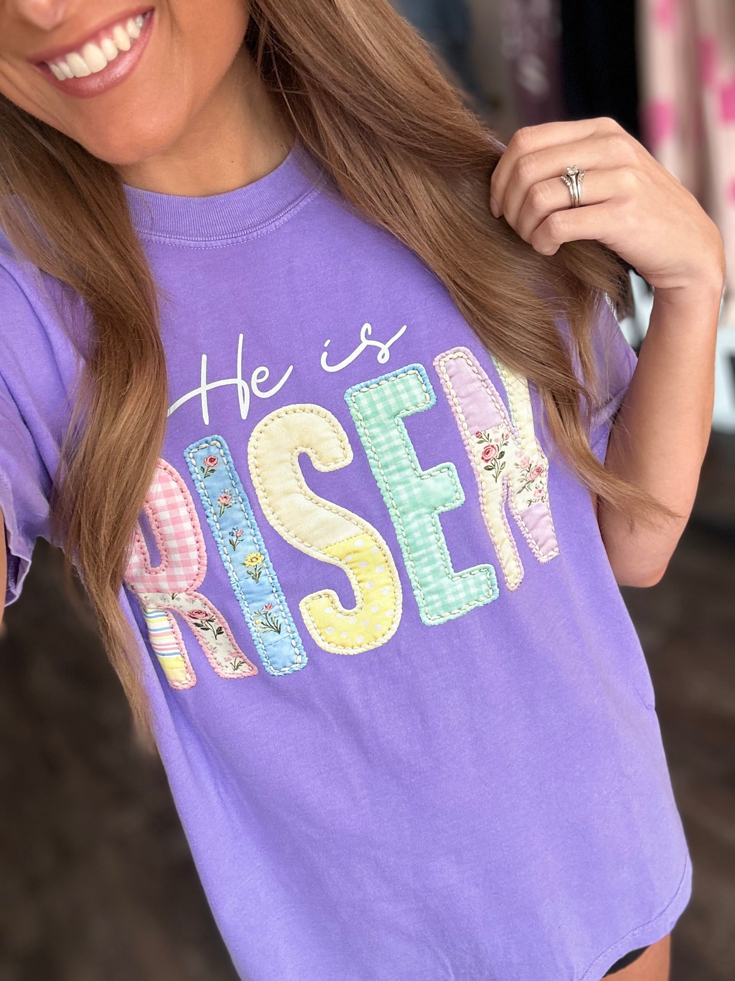 He Is Risen Faux Patchwork Graphic Tee