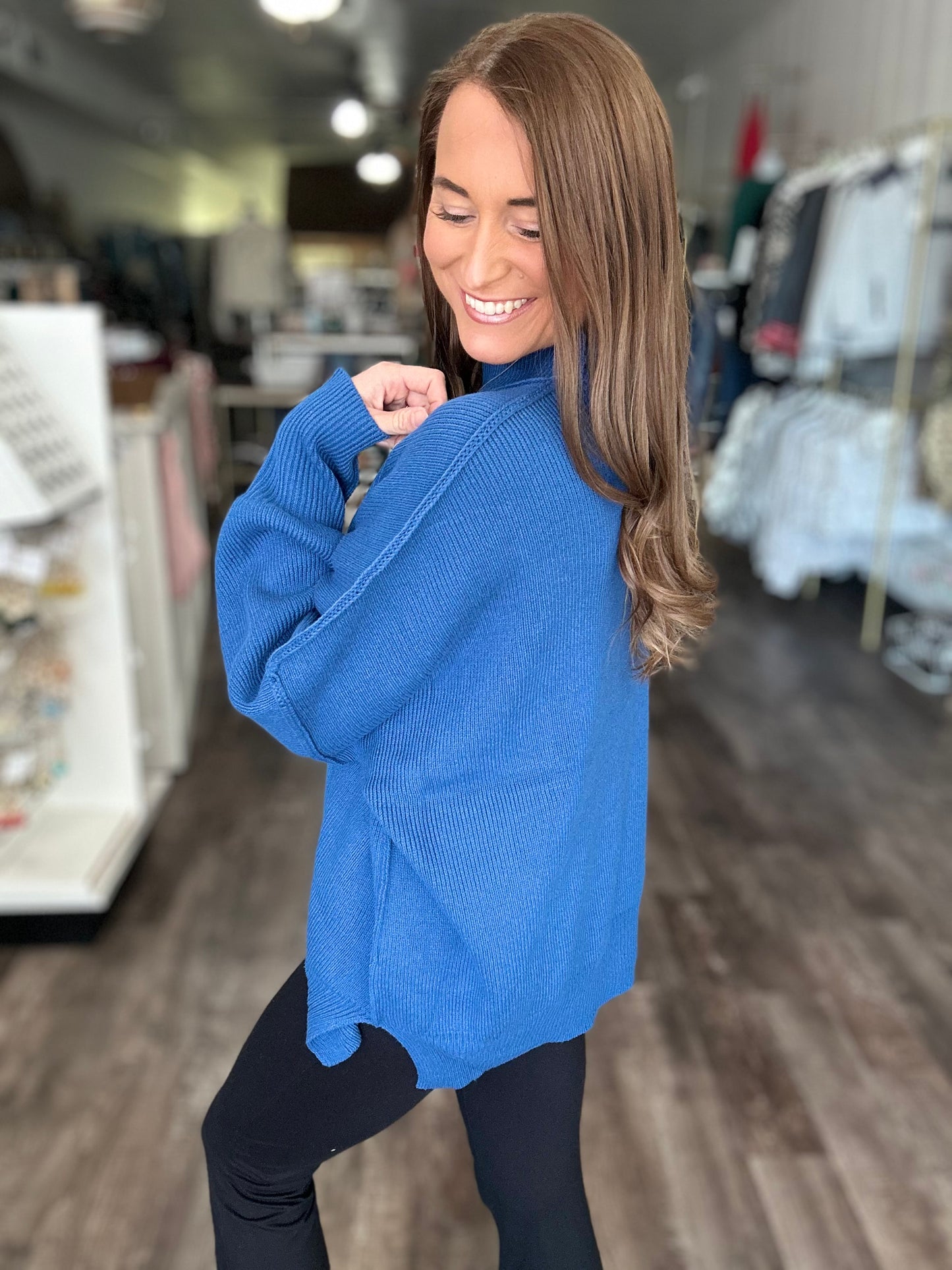 Daydreamer Oversized Mock Neck Sweater - Ocean Blue
