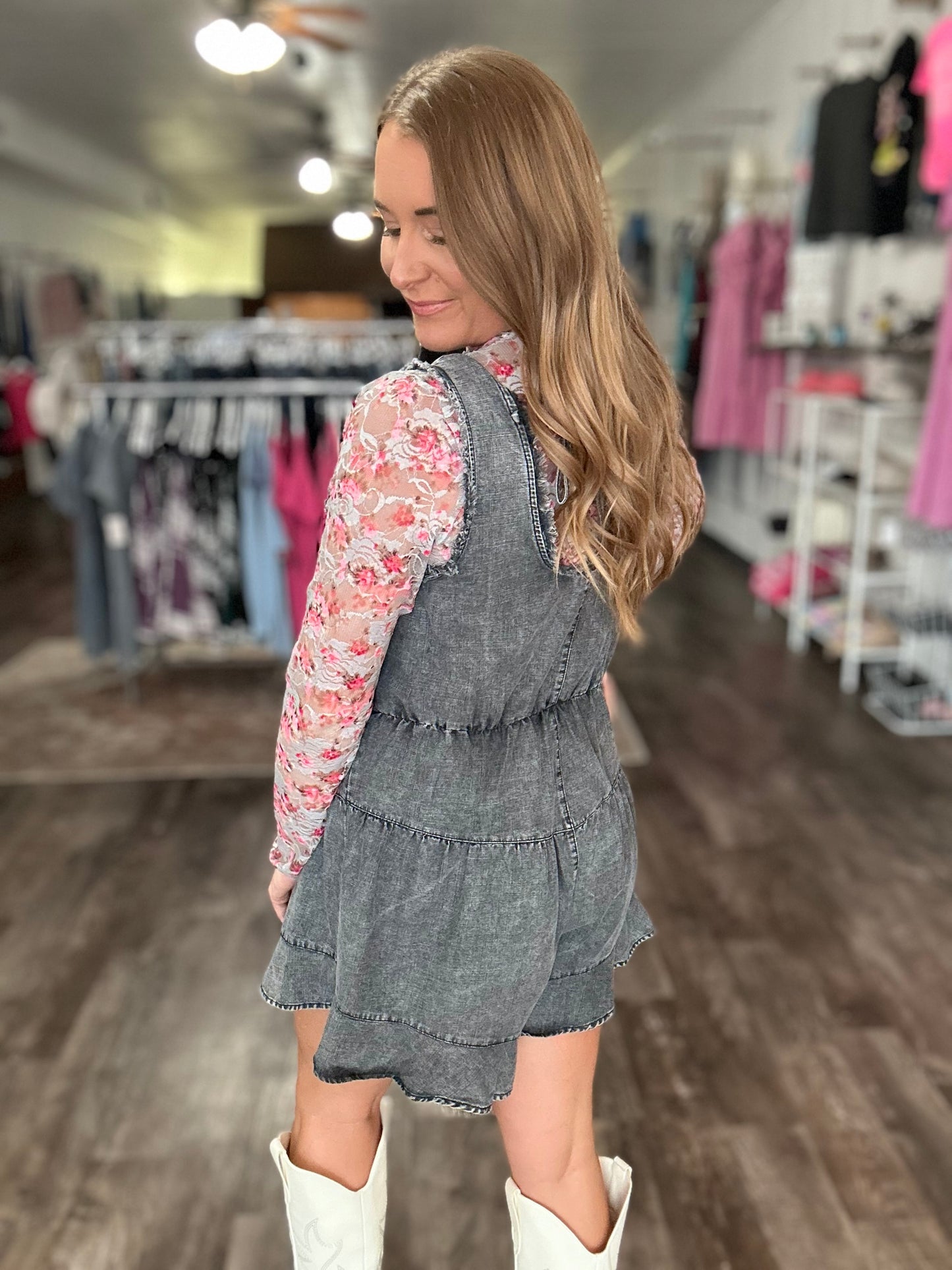 Meet Me In The Garden Lace Top - Grey Blue/Pink Floral
