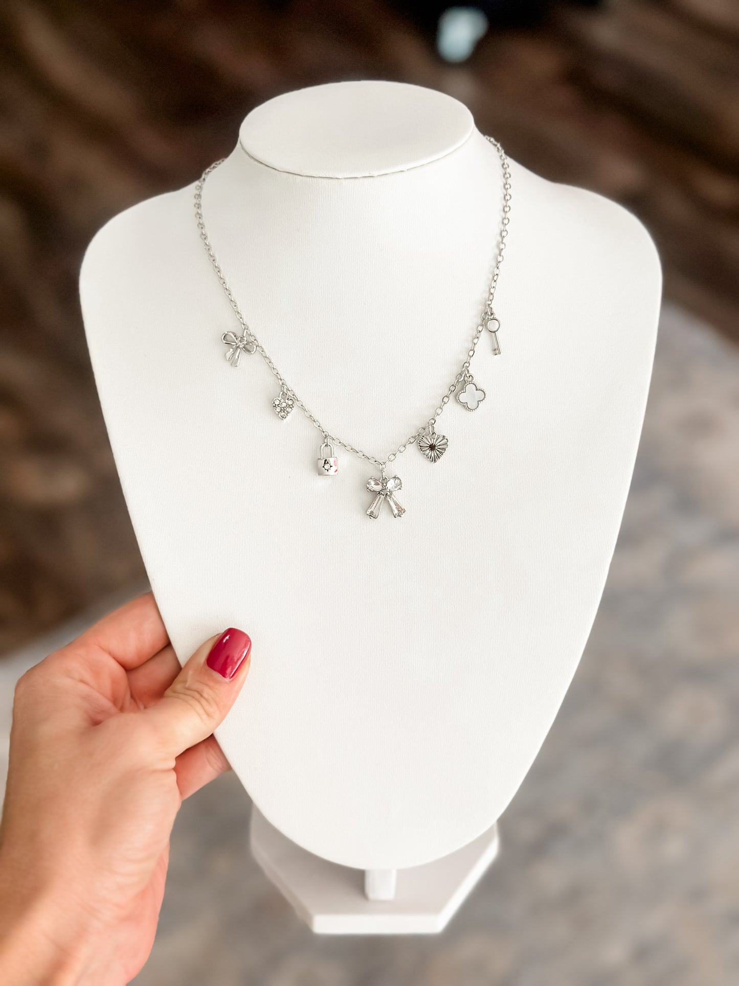 Bow & Heart Charm Necklace (Silver)