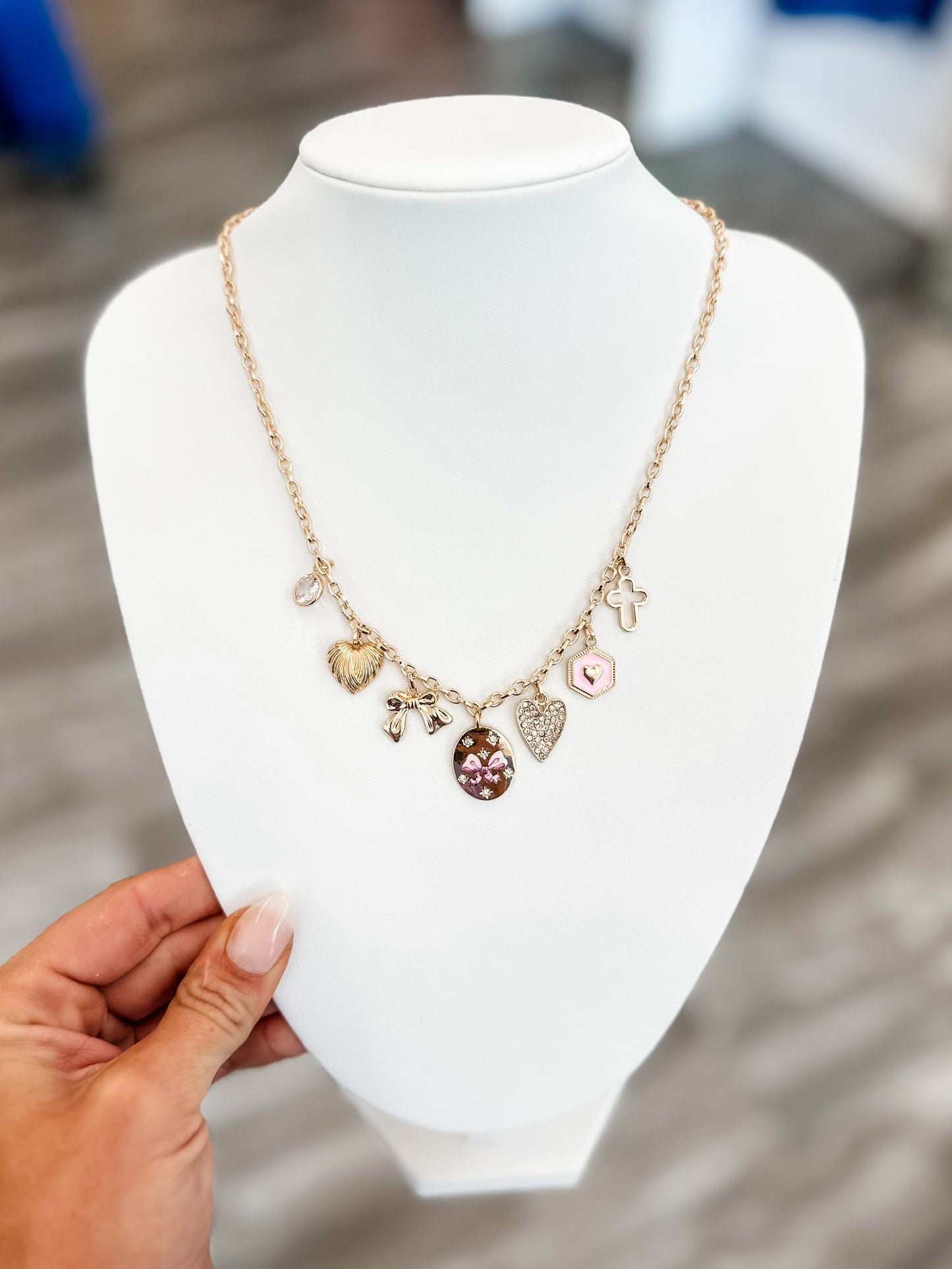 Bow Rhinestone Charm Necklace (Gold)