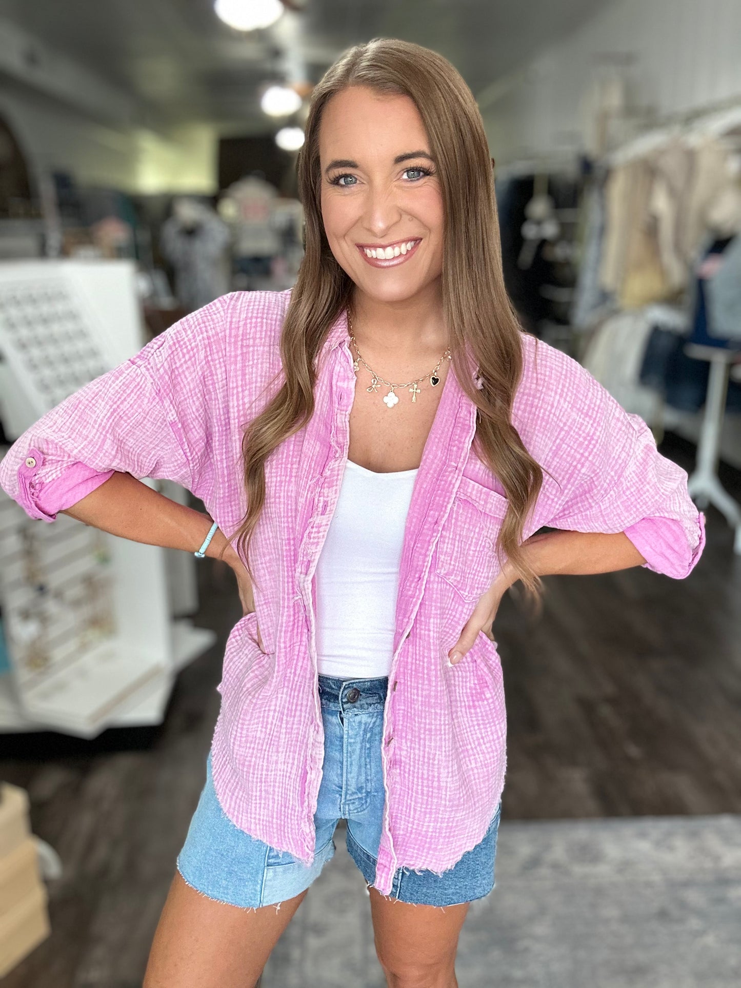 Out of Range Gauze Knit Button Down - Washed Pink