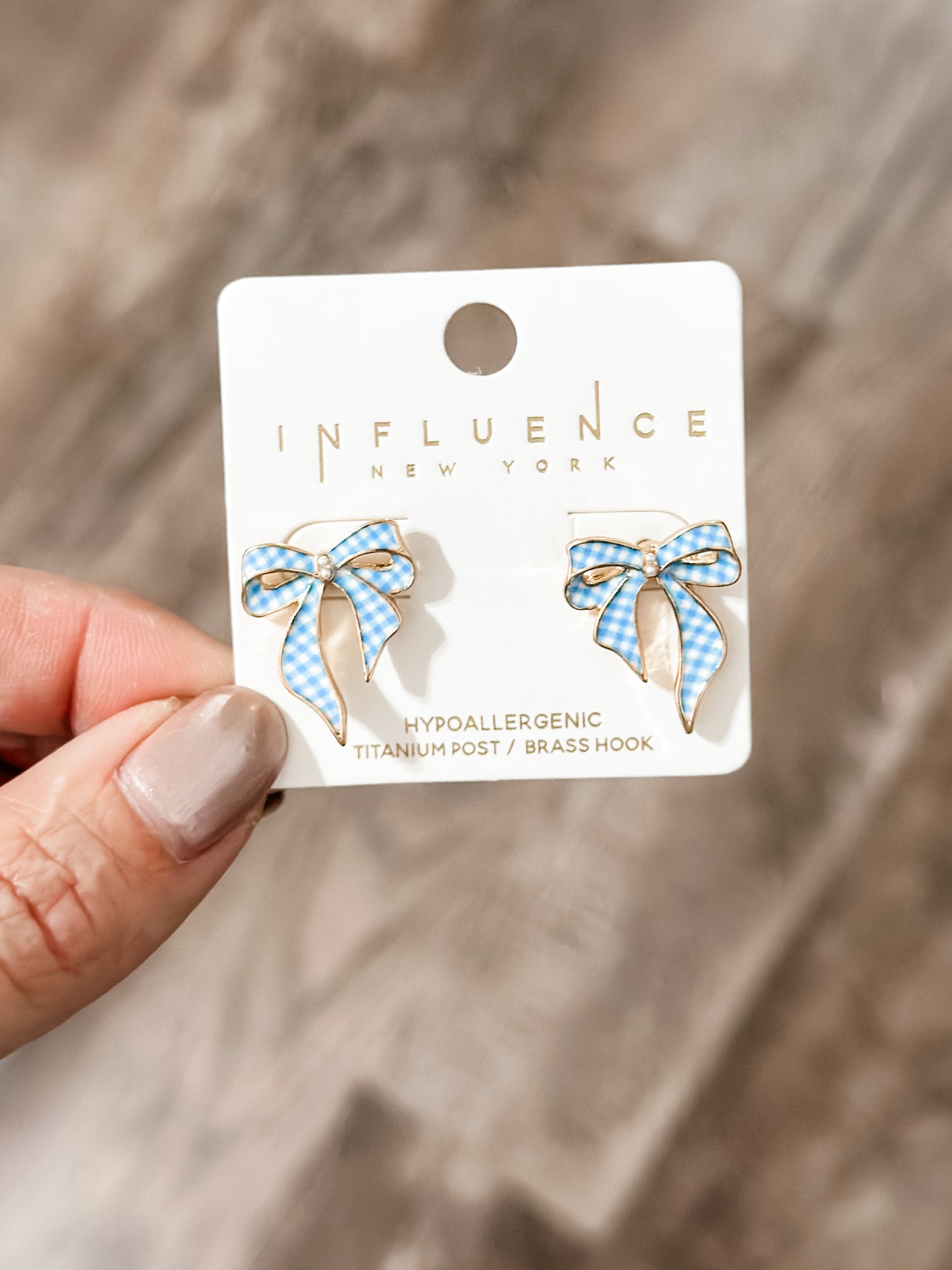 Gingham Bow Stud Earrings (Blue)