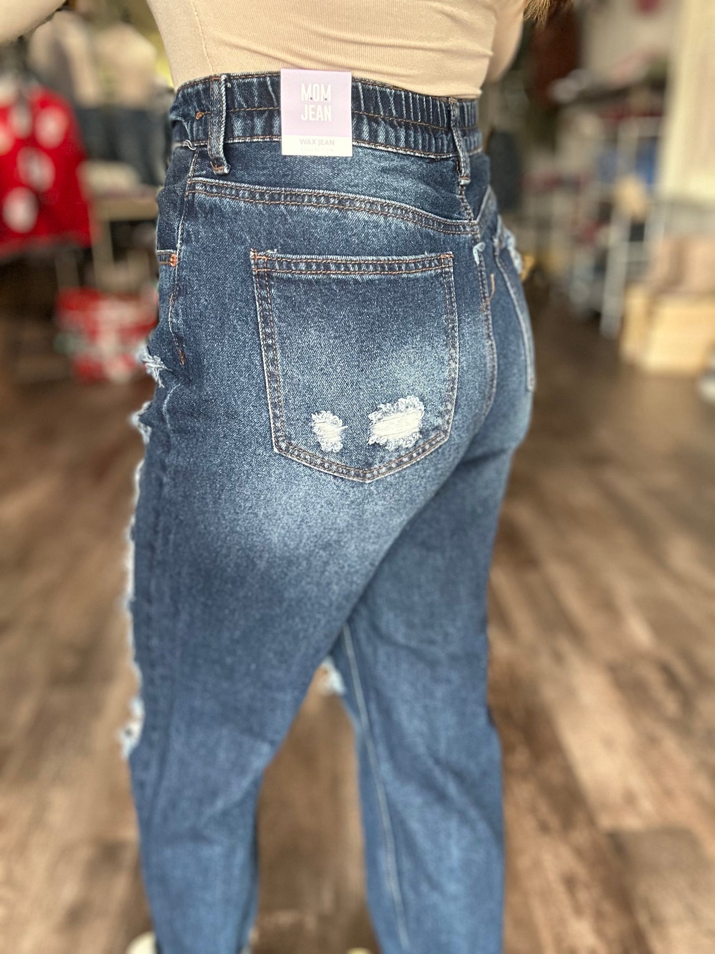 Katie Elastic Waistband Rip & Repair Denim
