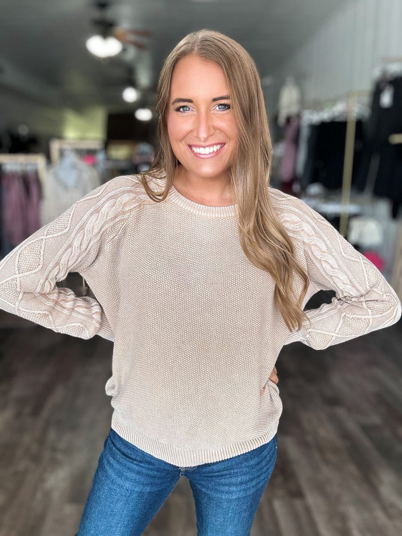 Talk of the Town Cable Sleeve Sweater - Tan