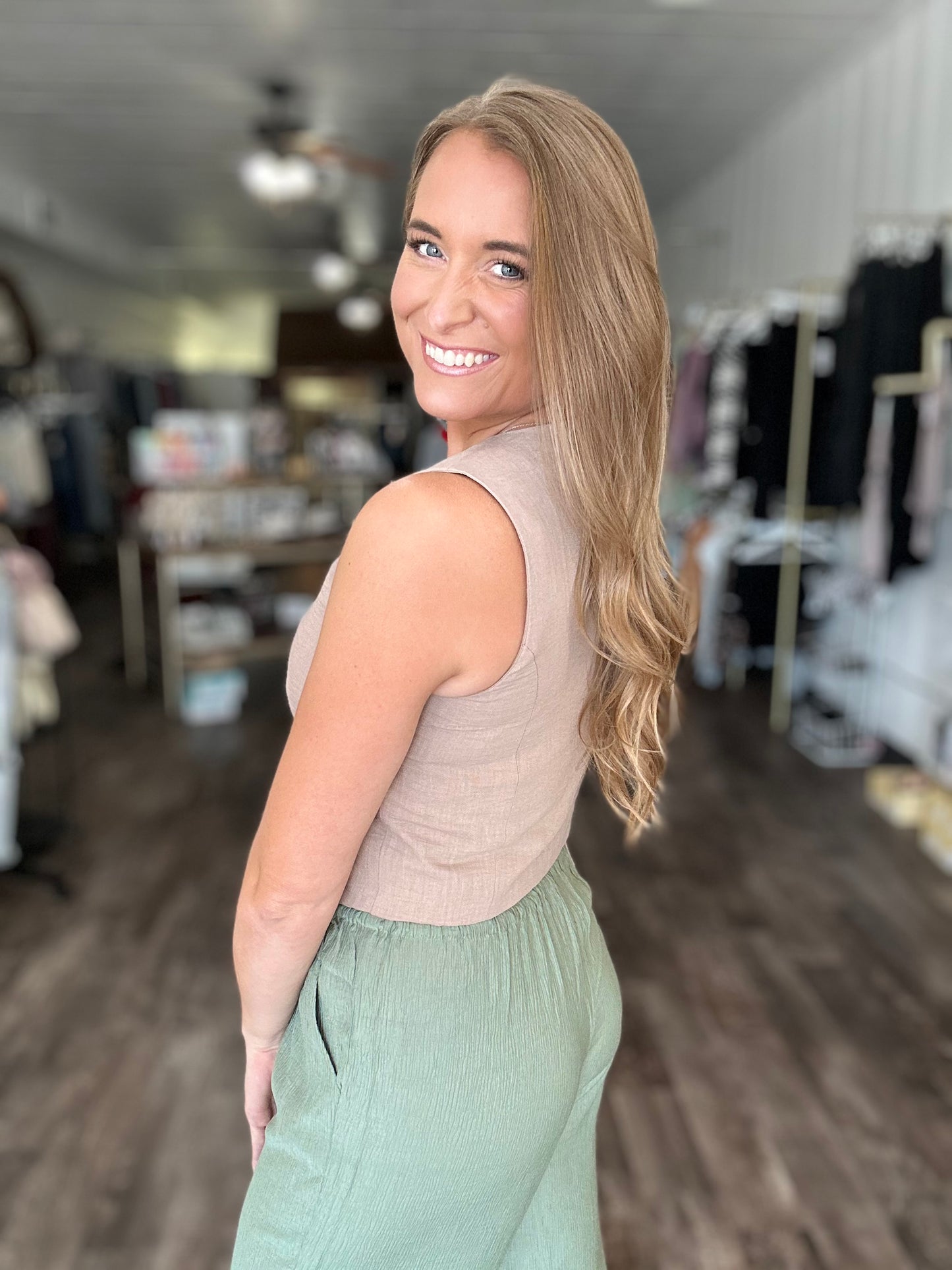 Timeless Button Down Linen Vest - Khaki