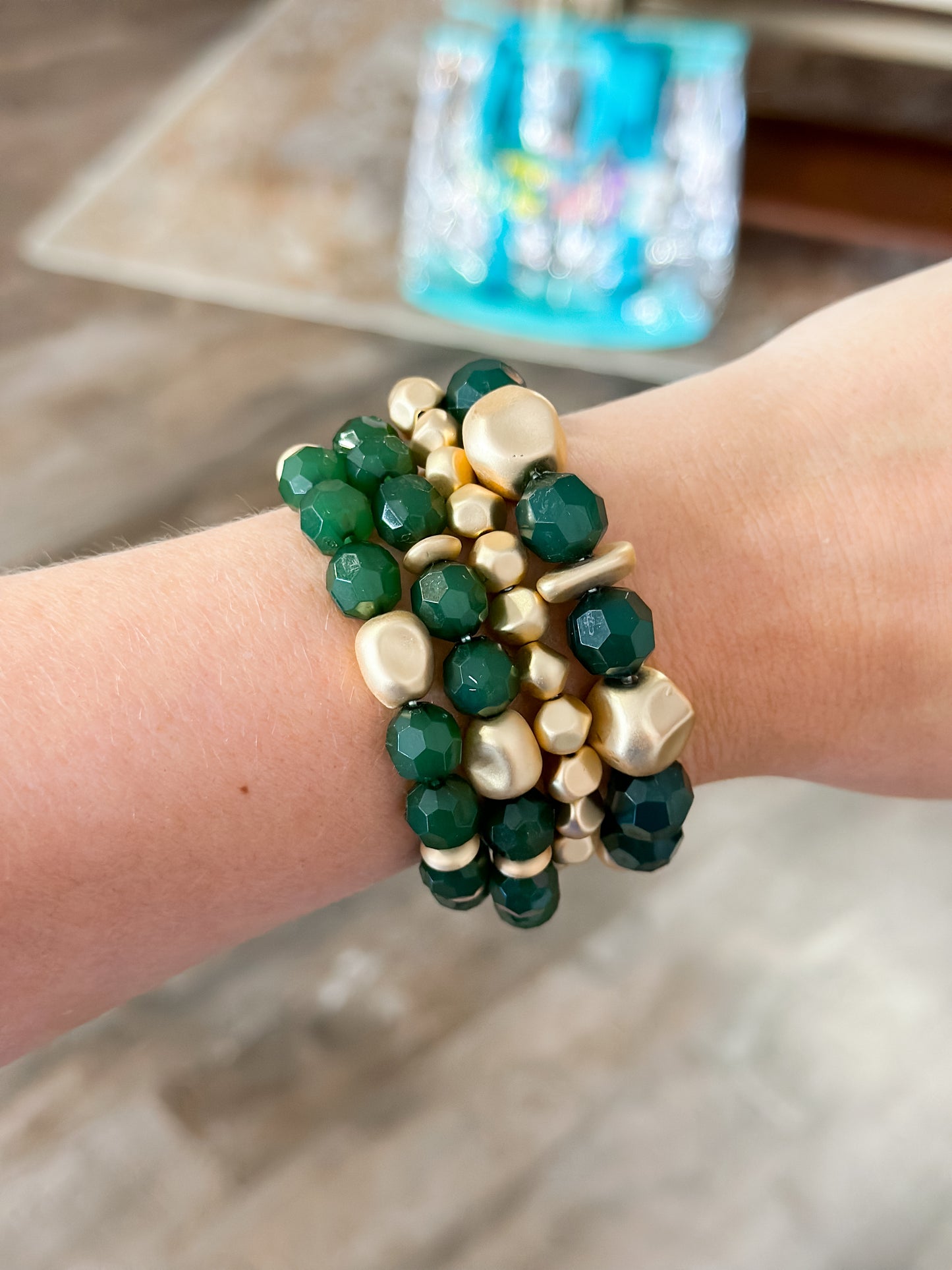 Green/Gold Beaded Stacked Bracelet