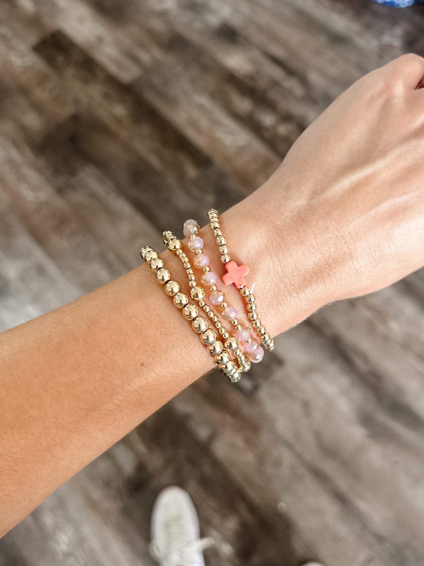 Boho Cross Beaded Bracelet (Pink/Gold)