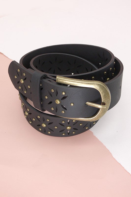 Flower Cutout Classic Buckle Belt (Black)