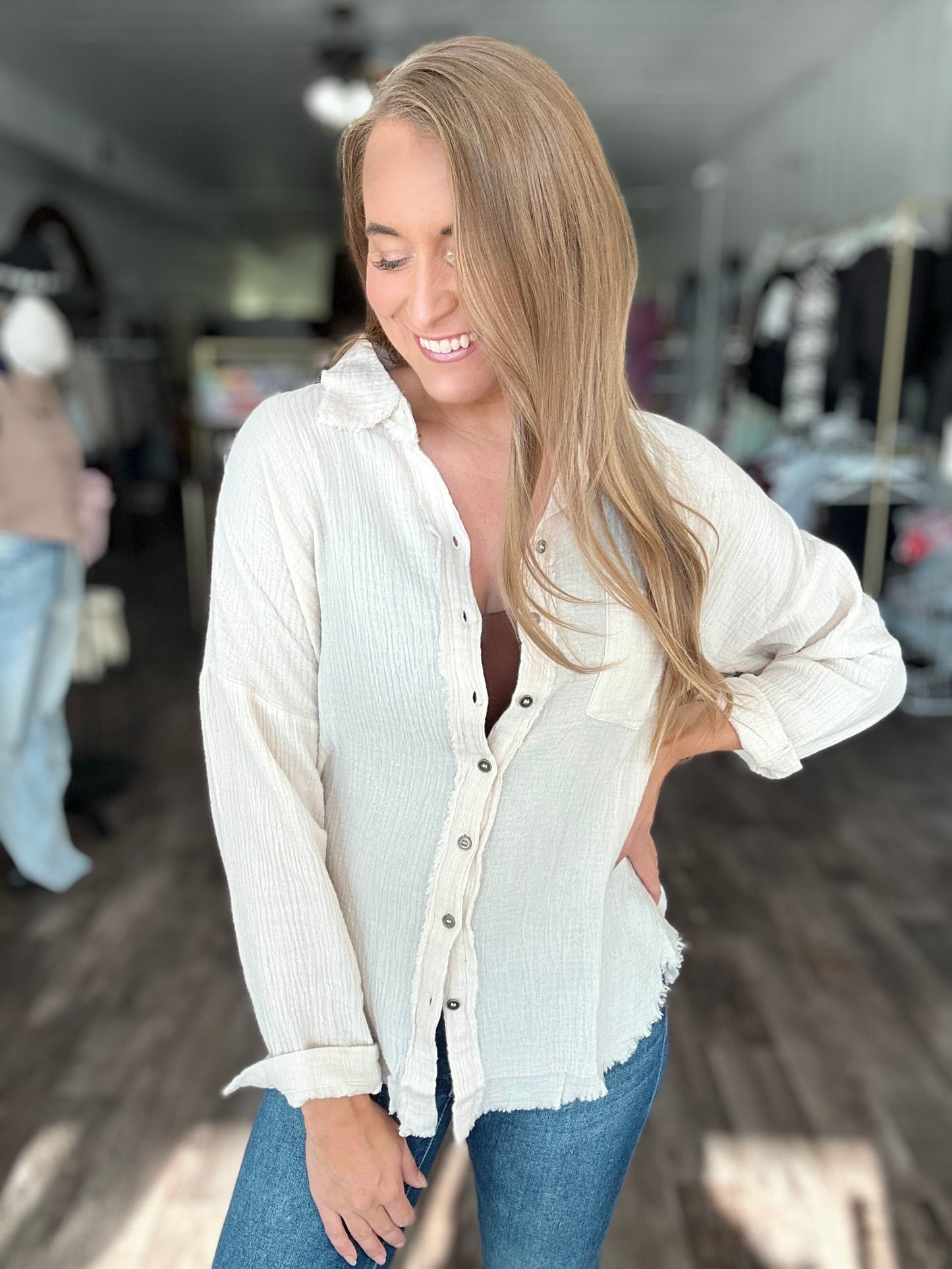 Out of Range Gauze Knit Button Down - Ivory