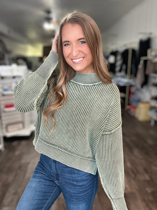 Drive Them Wild Ribbed Sweater - Washed Olive