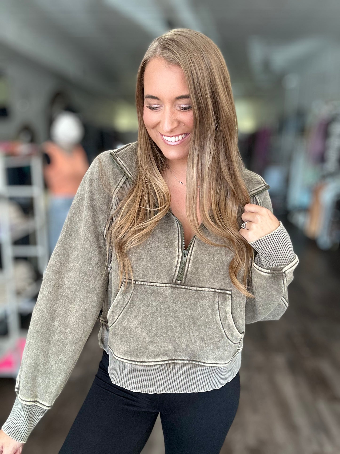 Dreaming of Fall Acid Wash Quarter Zip - Olive