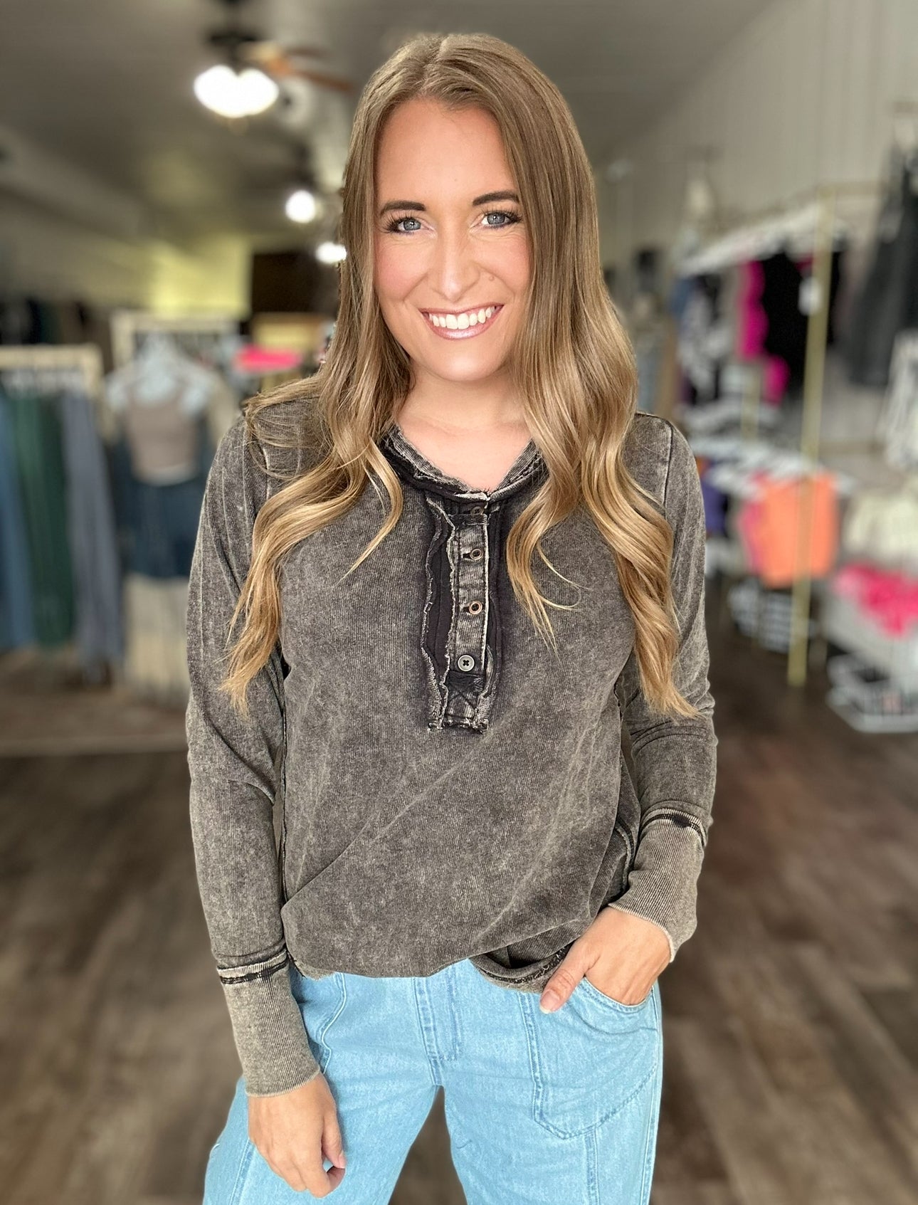 Know It All Henley Top - Ash Black