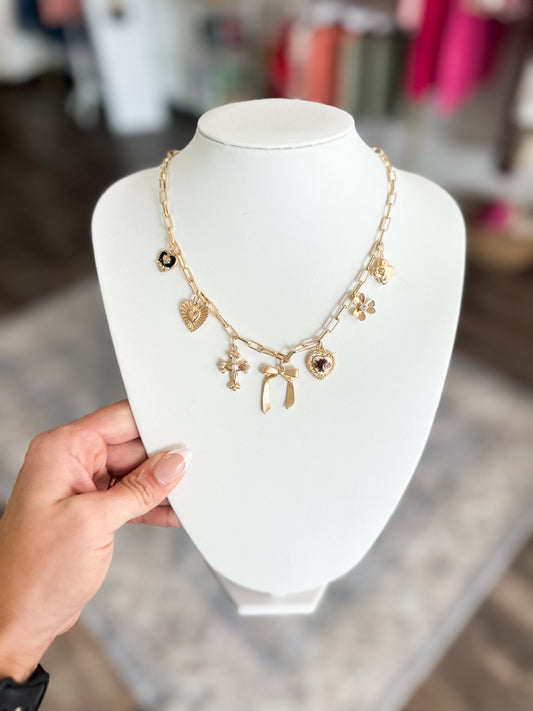 Bow & Floral Charm Necklace (Gold)