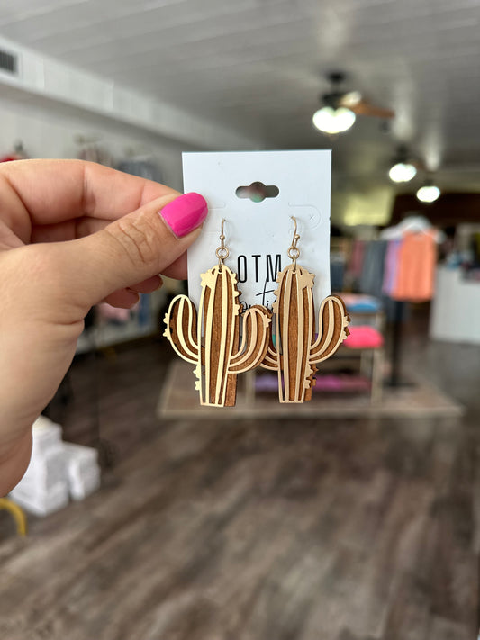 Wooden Cactus Earrings - Brown