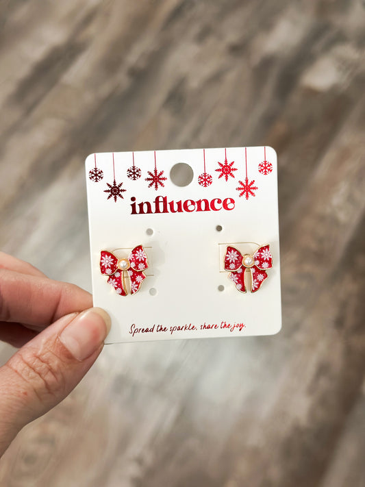 Red/Snowflakes Bow Earrings