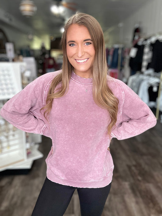 Make It Last Acid Wash Pullover (Light Rose)