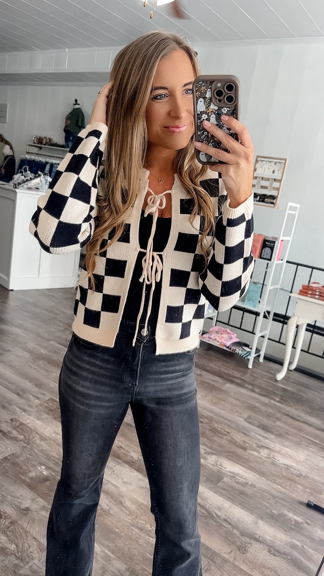 On Your Mark Checkered Front Tie Cardigan