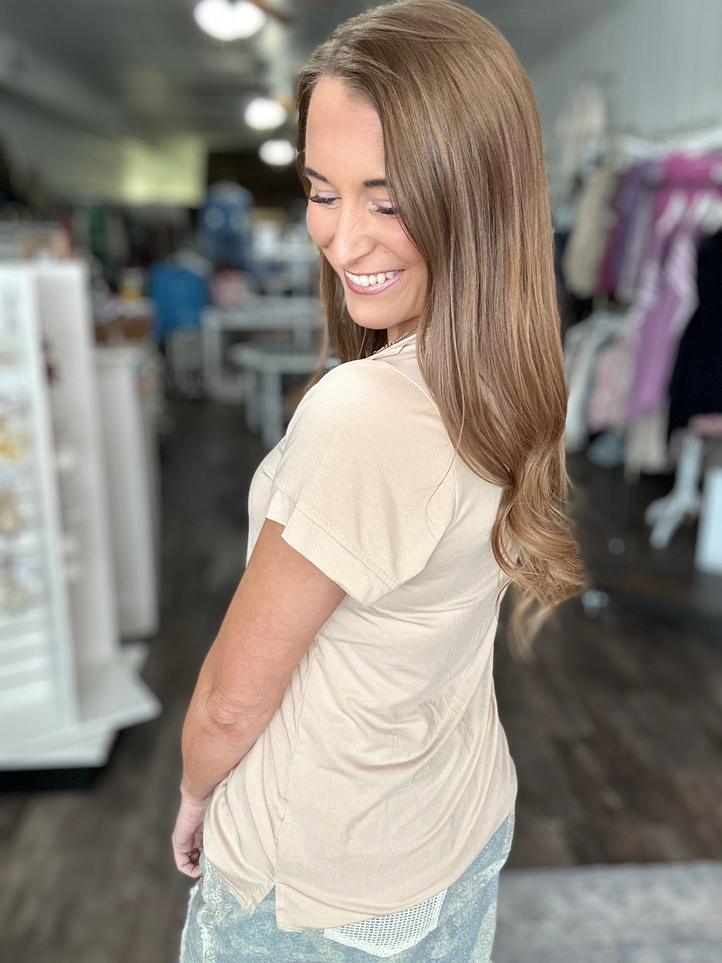 Little Bit of Luck Relaxed V-Neck (Tan)