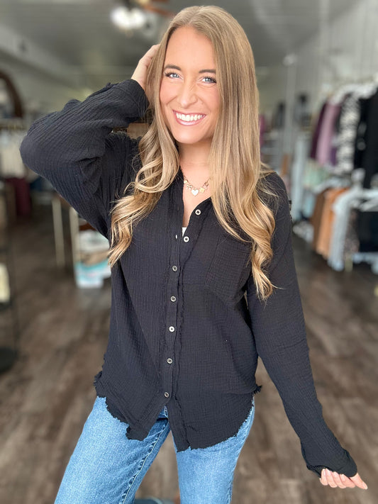 Out of Range Gauze Knit Button Down - Black