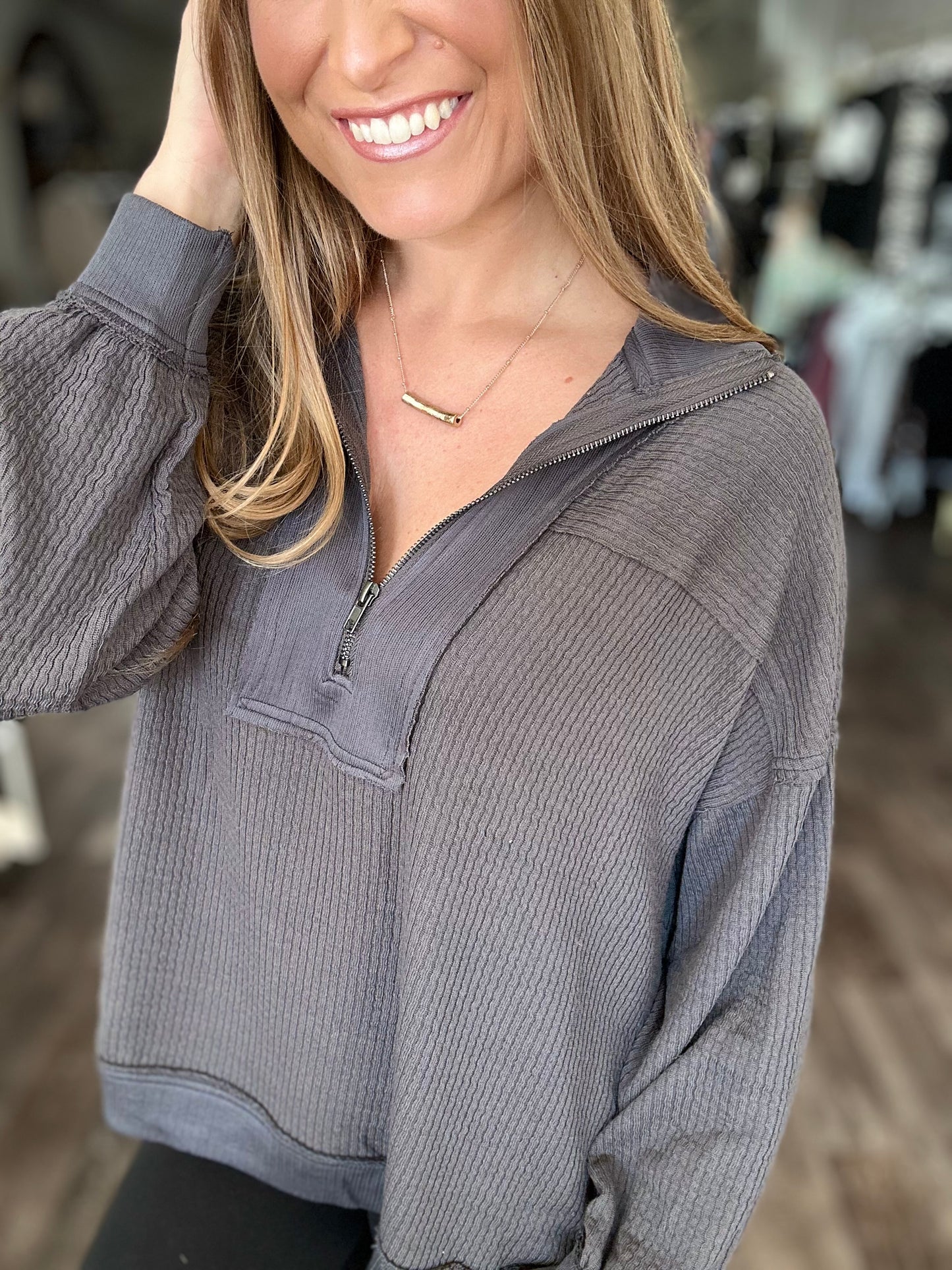 On My Own Time Waffle Knit Top - Charcoal