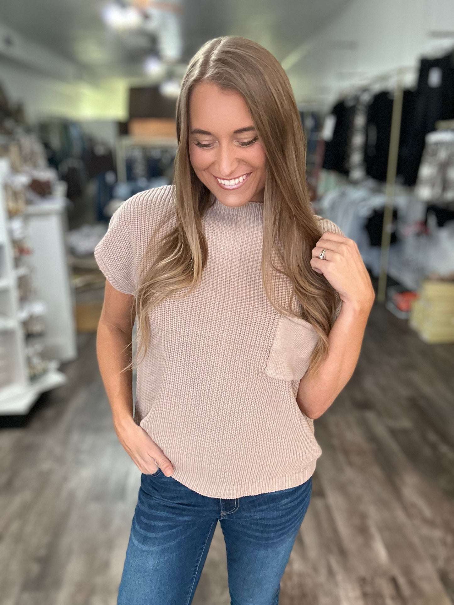 On My Mind Short Sleeve Sweater Top - Light Mocha