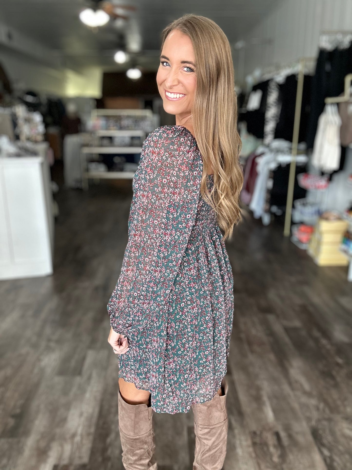 Twirl Me Around Floral Dress - Hunter Green