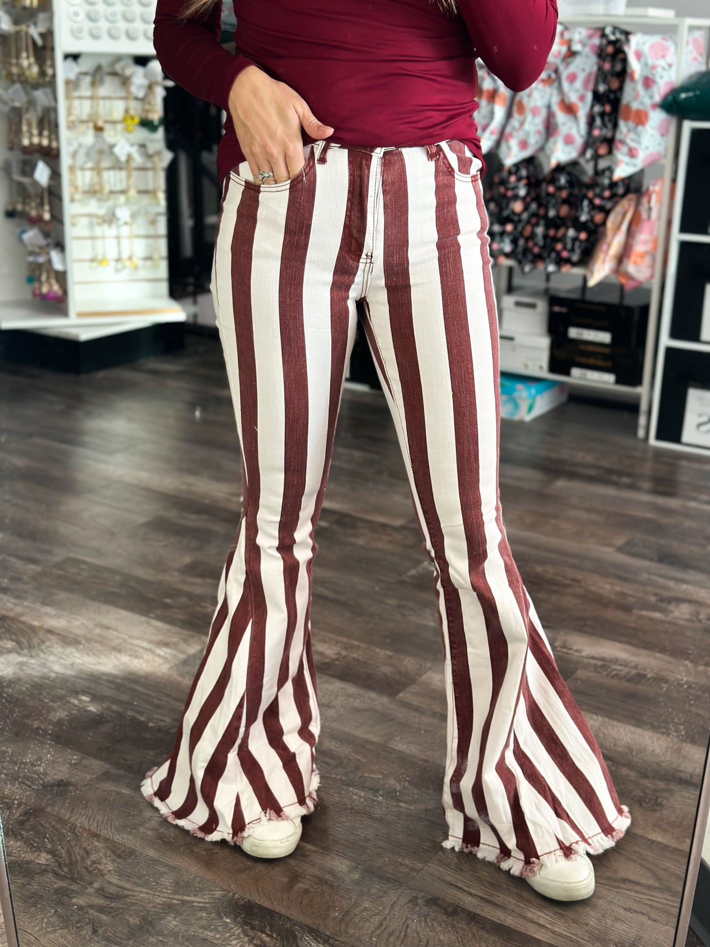 Flare on Fleek Striped Denim - Burgundy (Market Find Special Pricing)