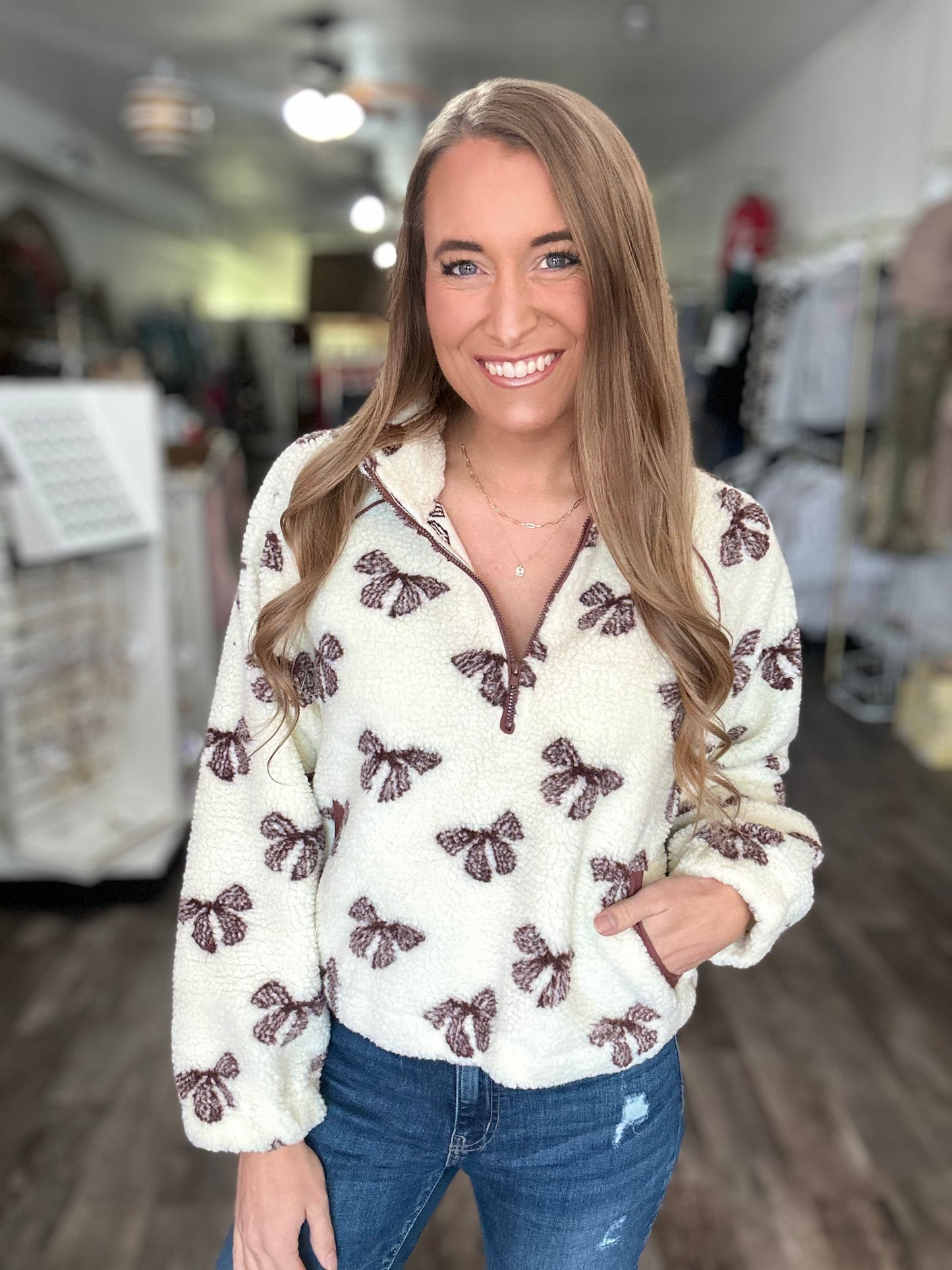 On My Way Bow Sherpa Pullover