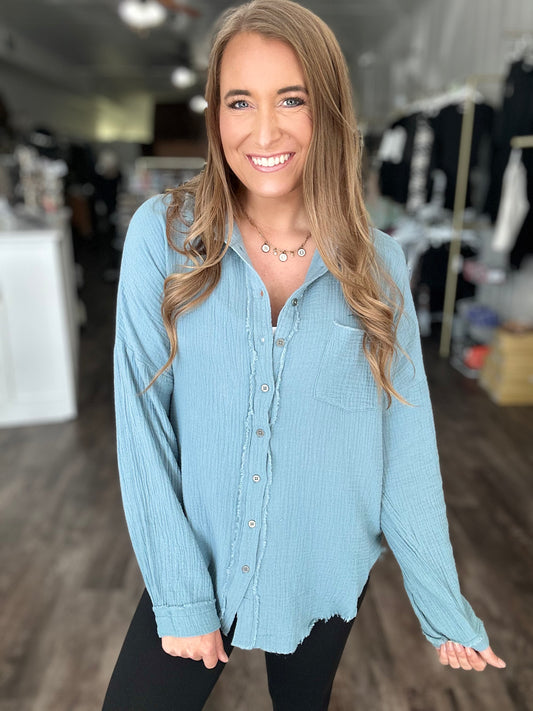 Out of Range Gauze Knit Button Down - Blue Grey