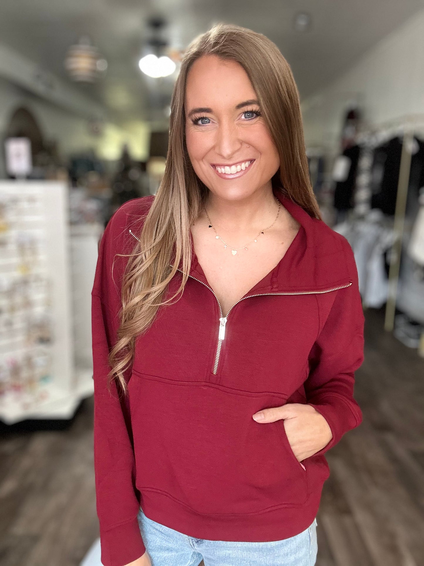 Camryn Half Zip (Burgundy) - Simply Southern