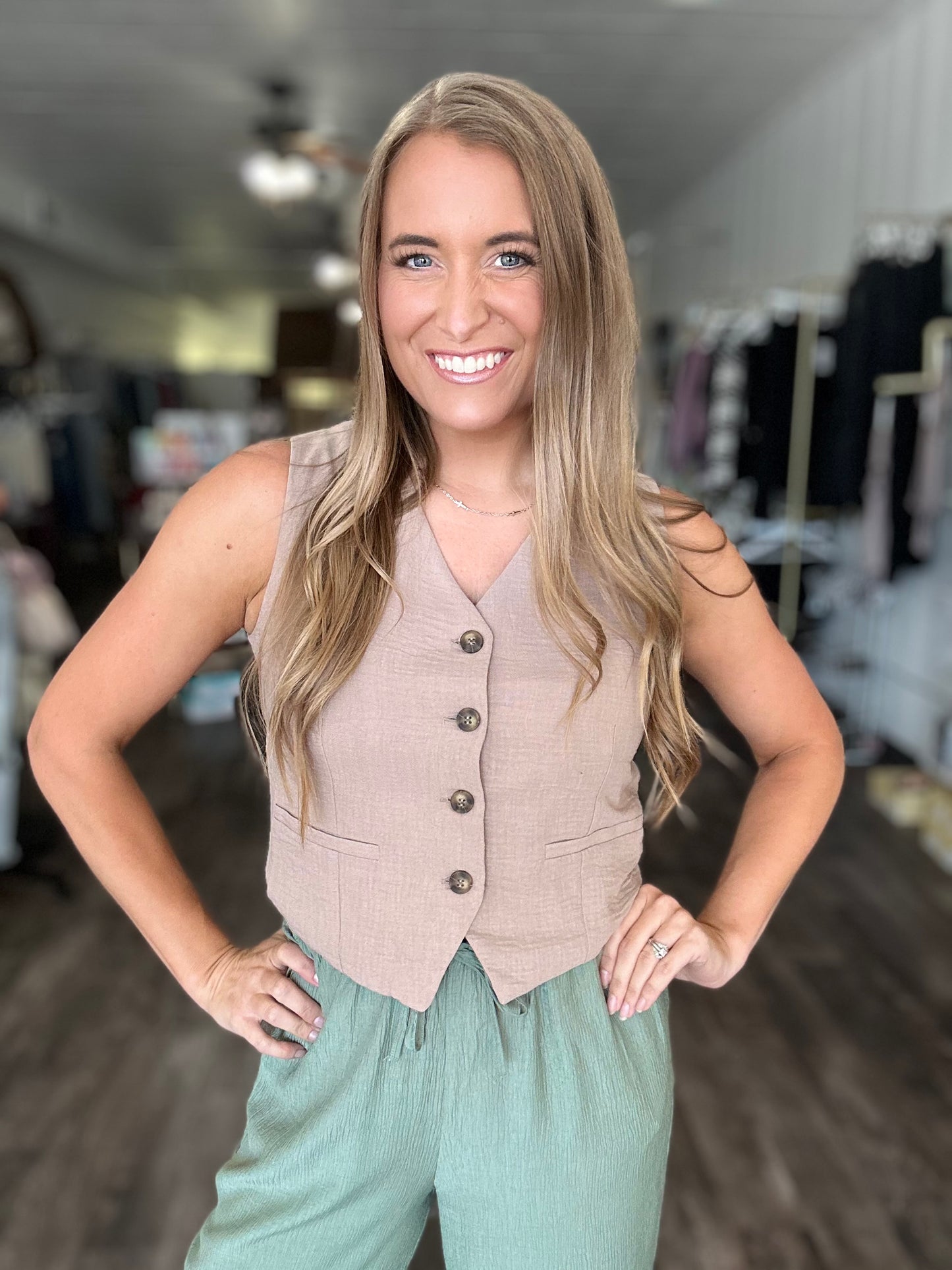 Timeless Button Down Linen Vest - Khaki