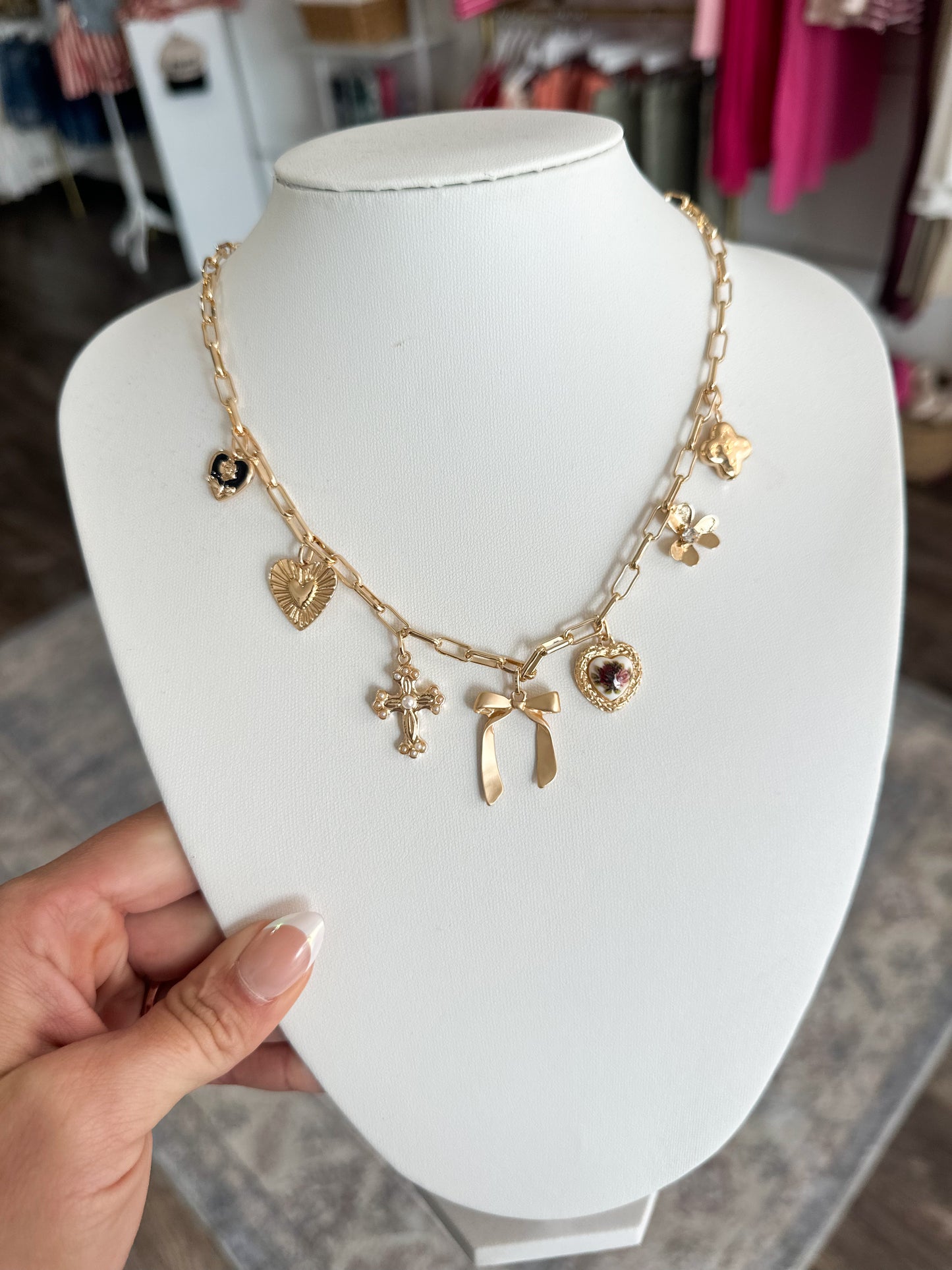 Bow & Floral Charm Necklace (Gold)