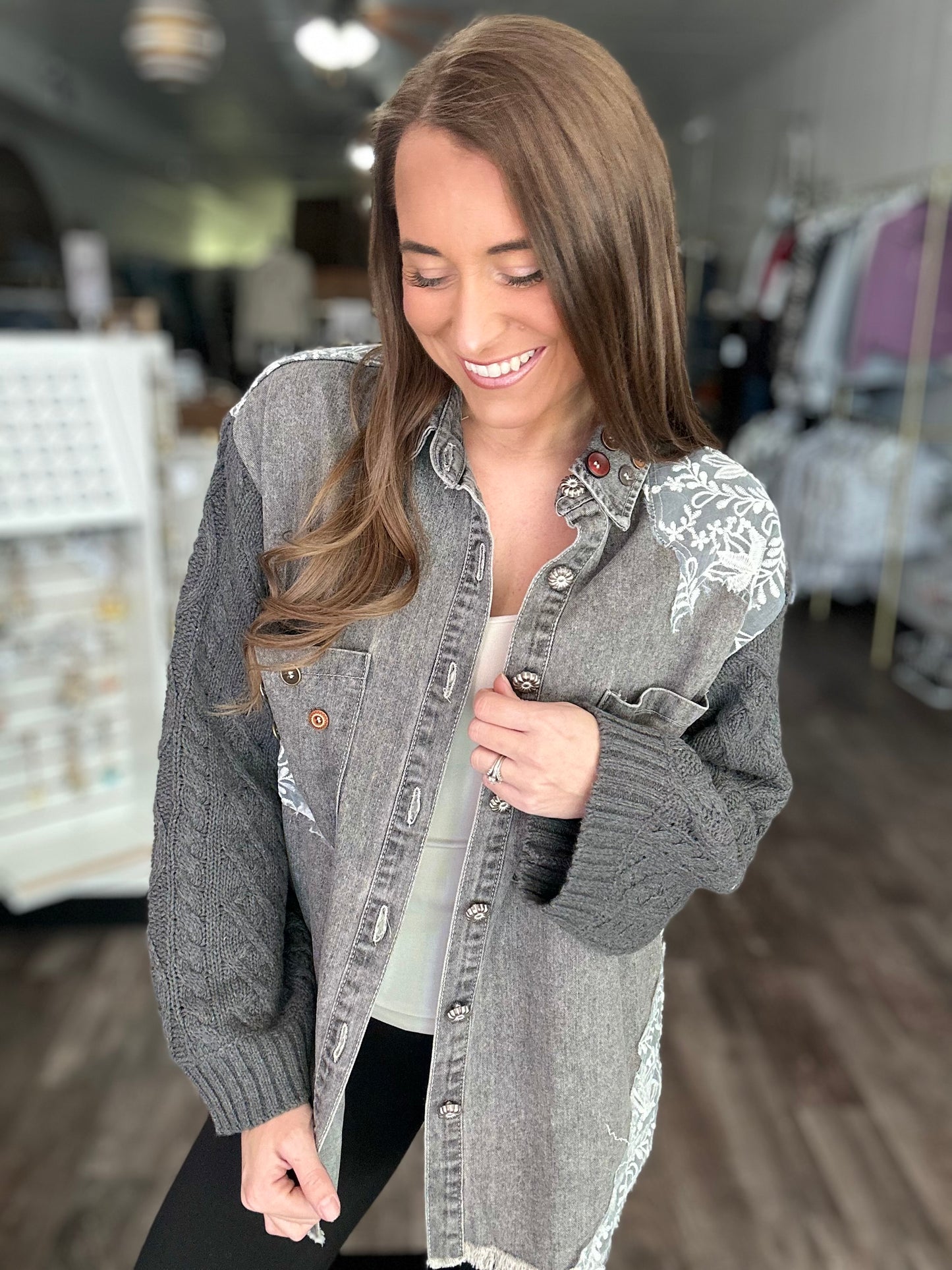 All My Love Sweater Sleeve Shacket (Charcoal)