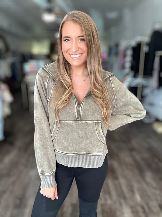 Dreaming of Fall Acid Wash Quarter Zip - Olive