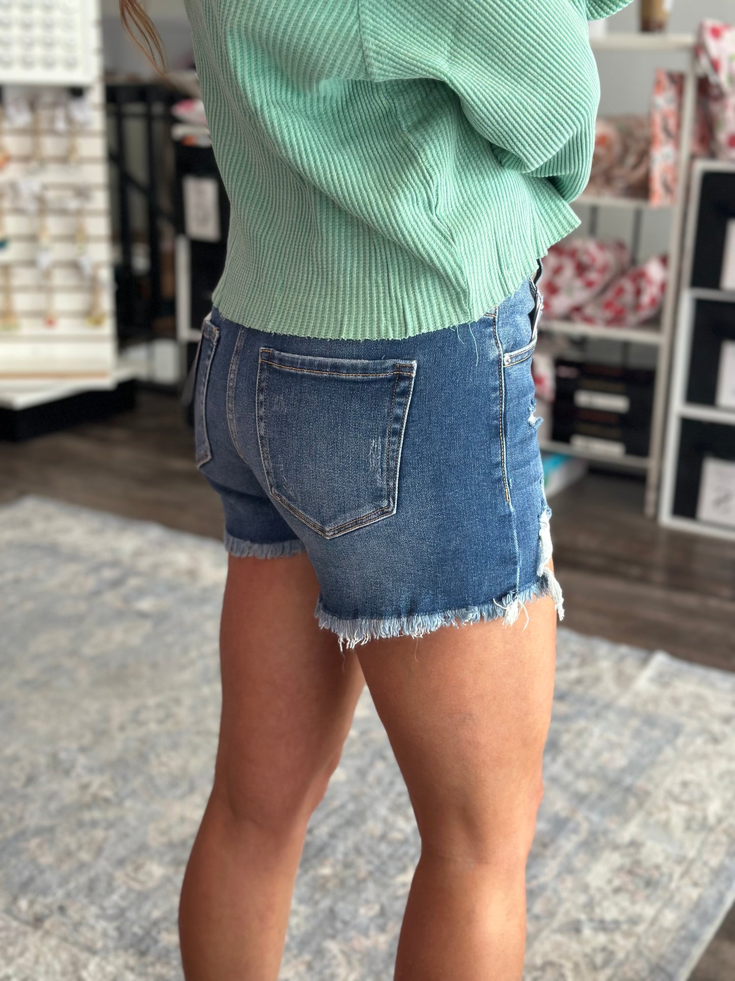 Hallie Distressed Dark Denim Shorts