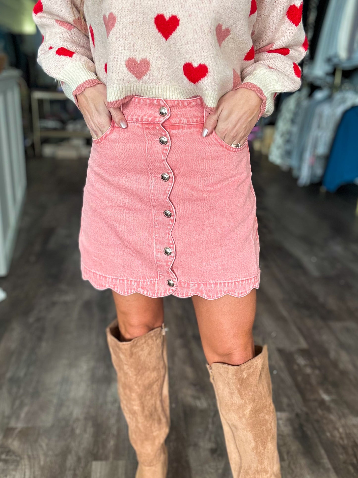 Hearts On Fire Scallop Edge Denim Skirt