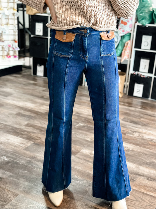 Dottie Leather Pocket Flare Denim