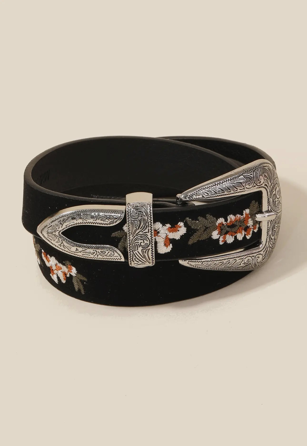 Flower Embroidered Etch Buckle Belt - Black