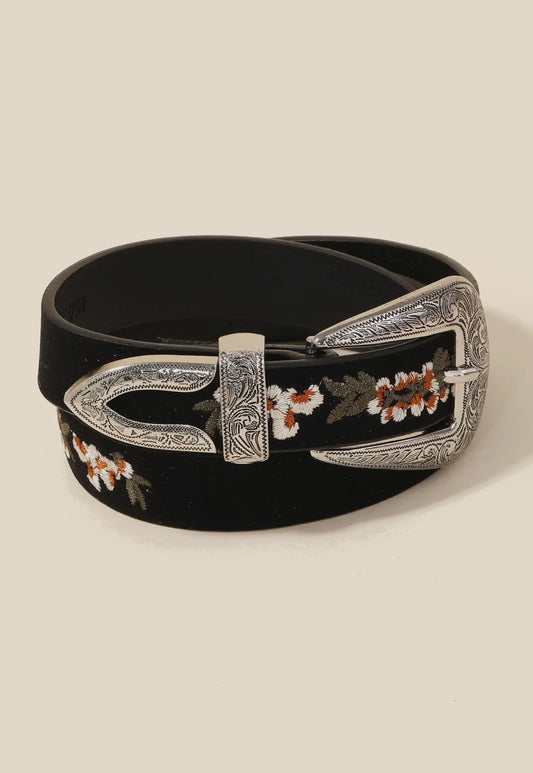 Flower Embroidered Etch Buckle Belt - Black