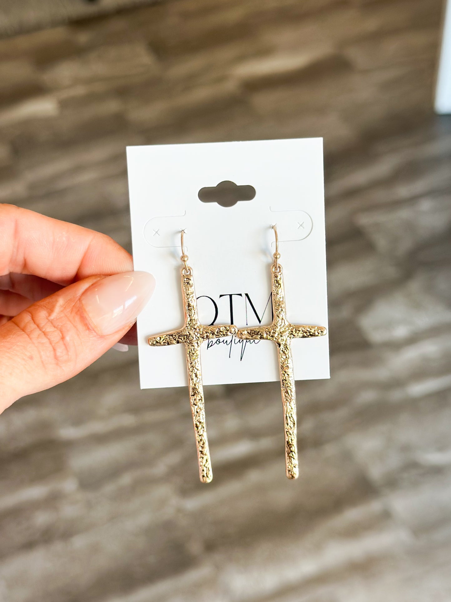 Hammered Cross Dangle Earrings (Gold)