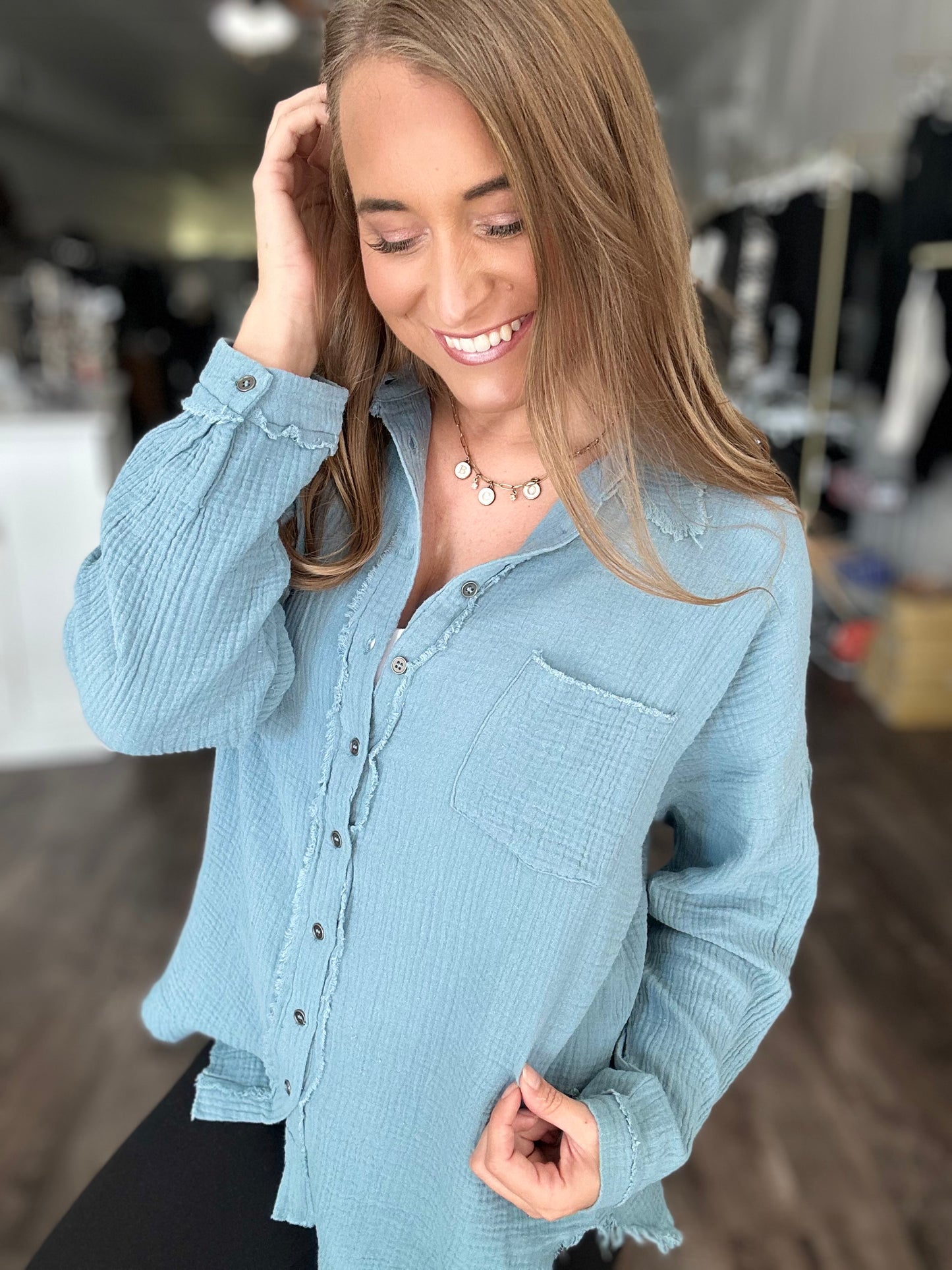 Out of Range Gauze Knit Button Down - Blue Grey