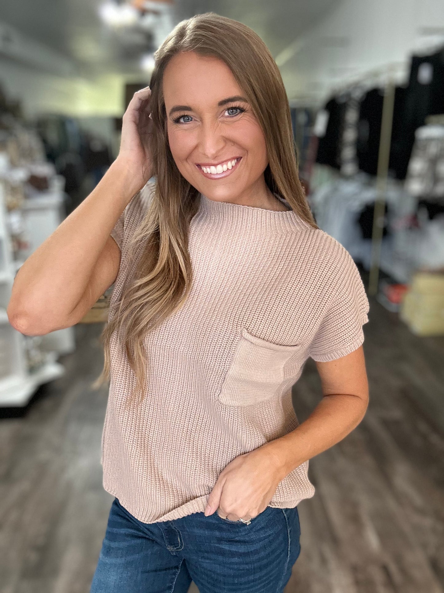 On My Mind Short Sleeve Sweater Top - Light Mocha