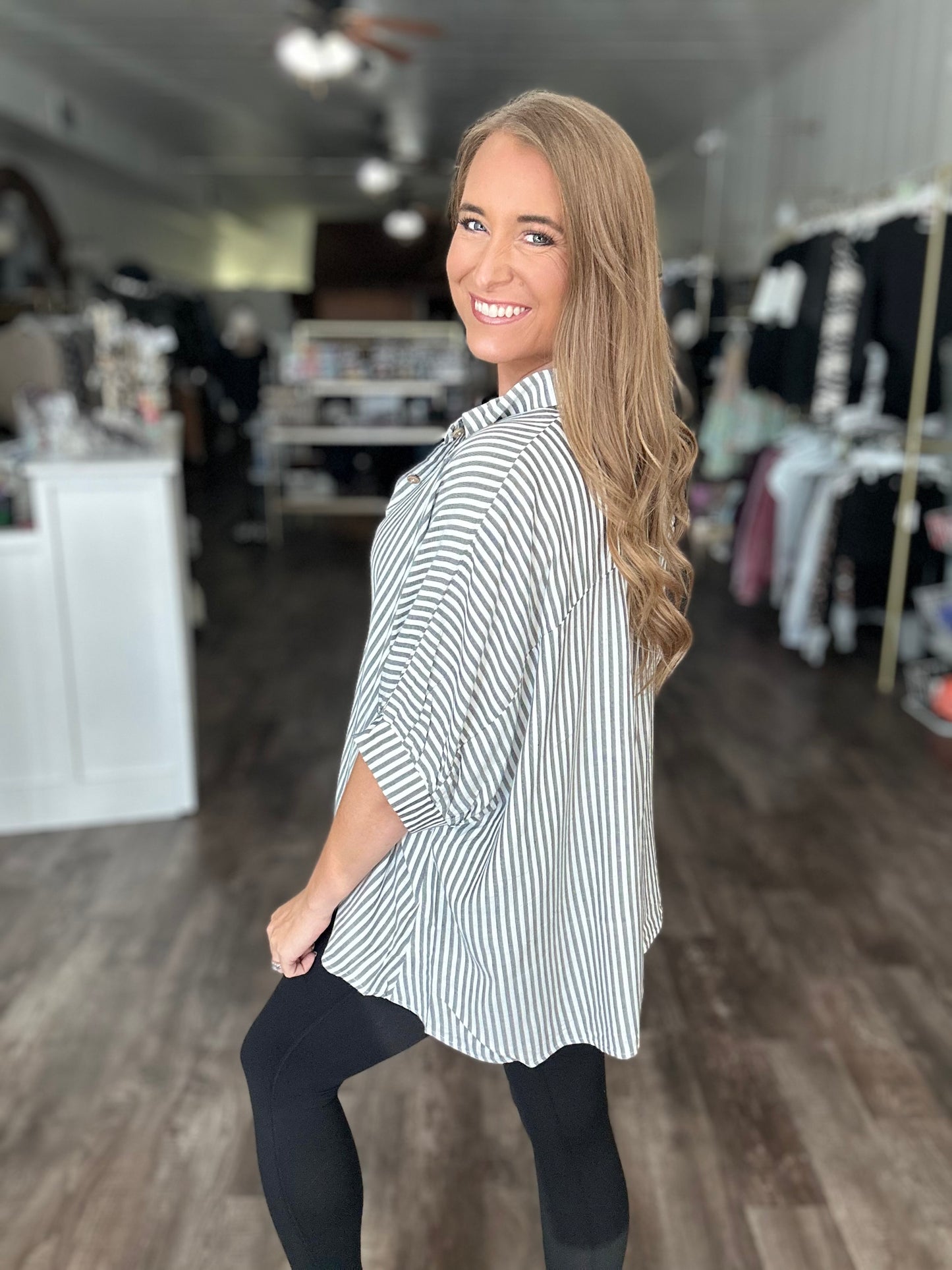 Just Friends Oversized Striped Button Down - Charcoal Black