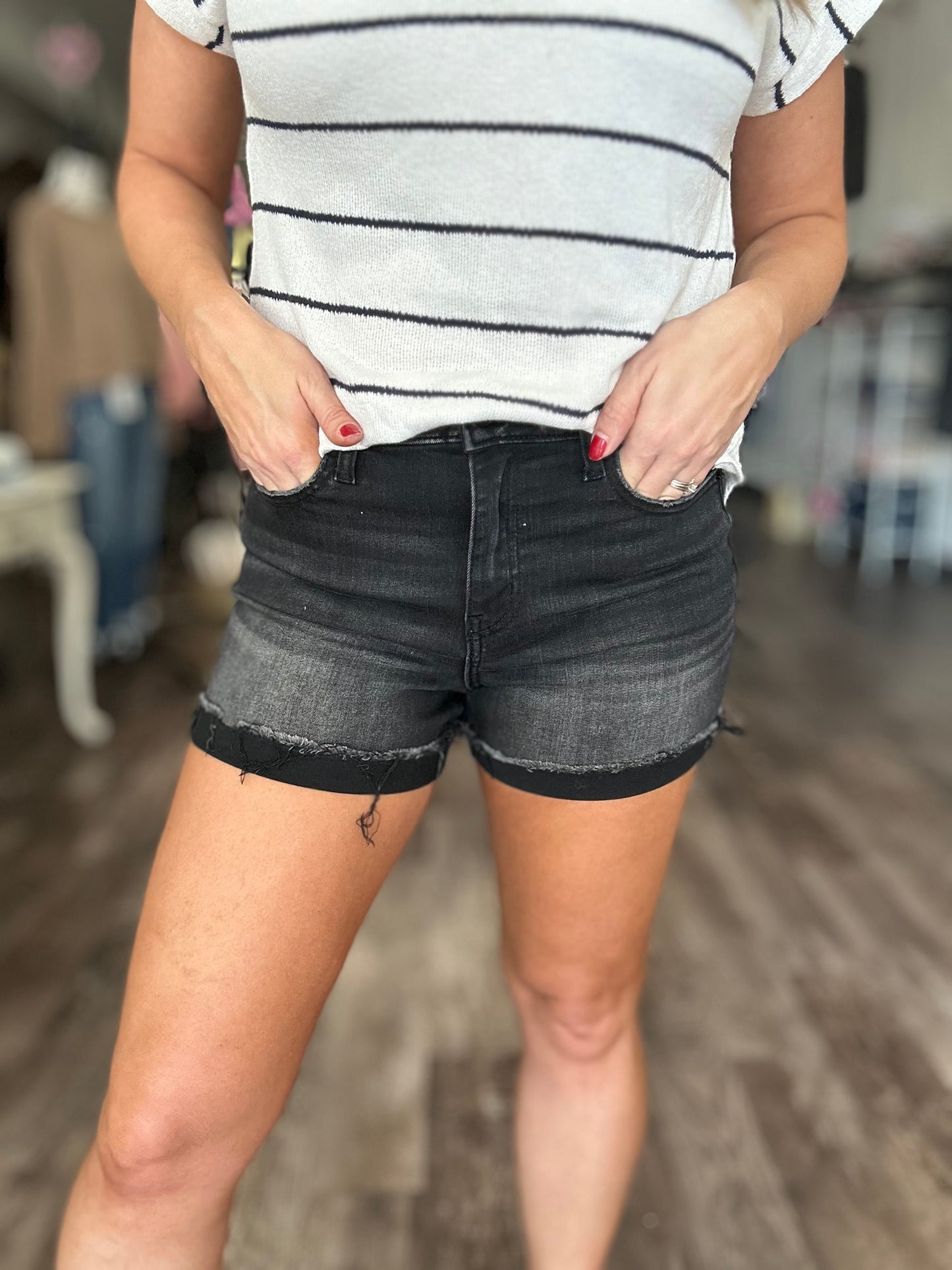 Rachel Black Fold Over Denim Shorts