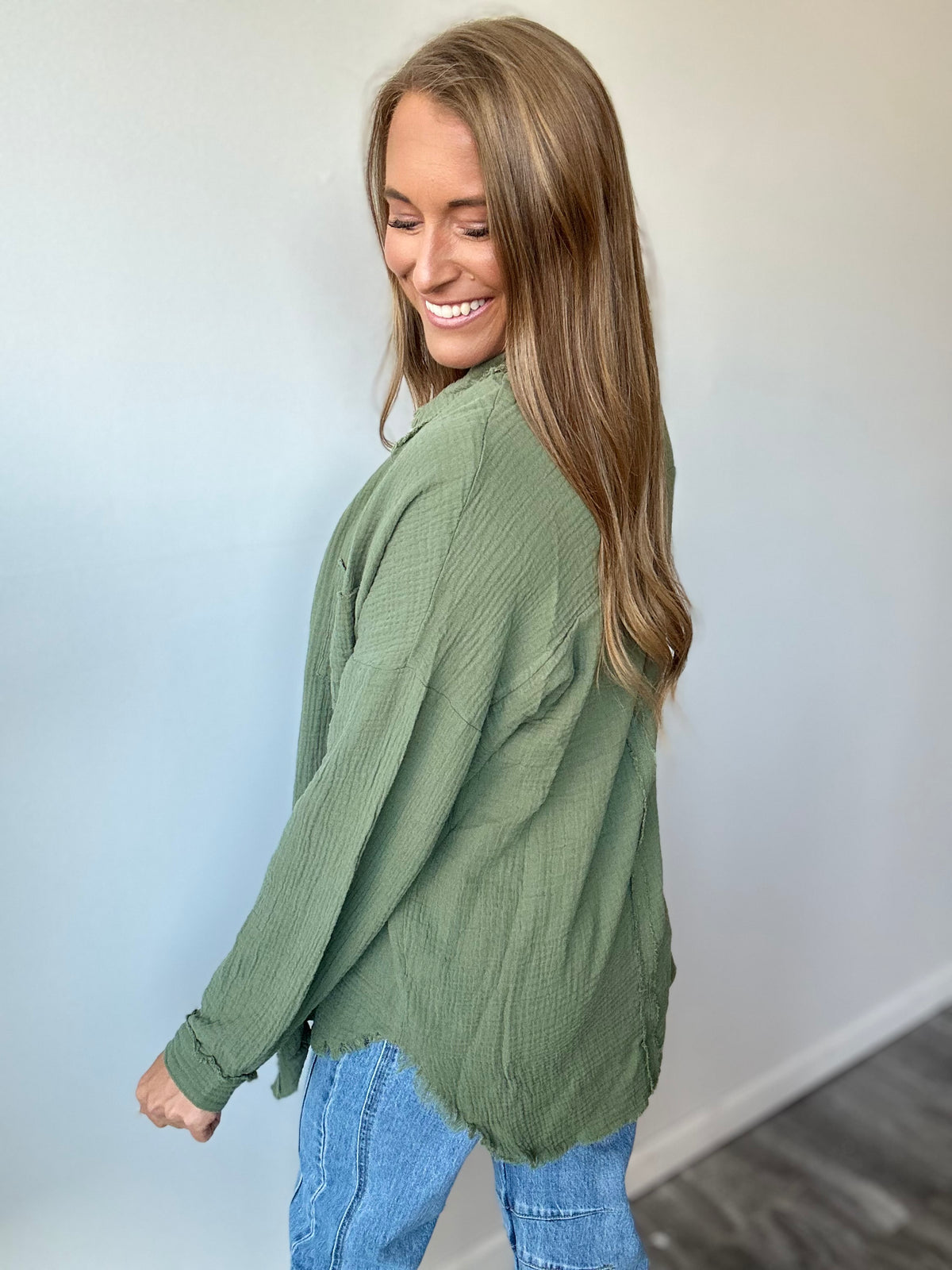 Out of Range Gauze Knit Button Down - Olive