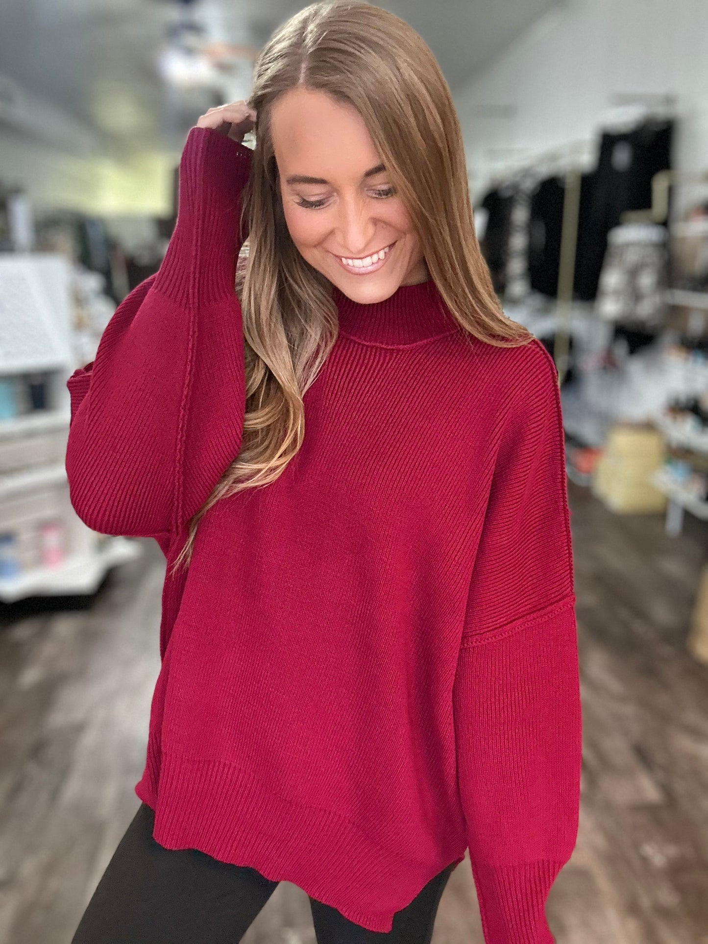 Daydreamer Oversized Mock Neck Sweater - Cabernet