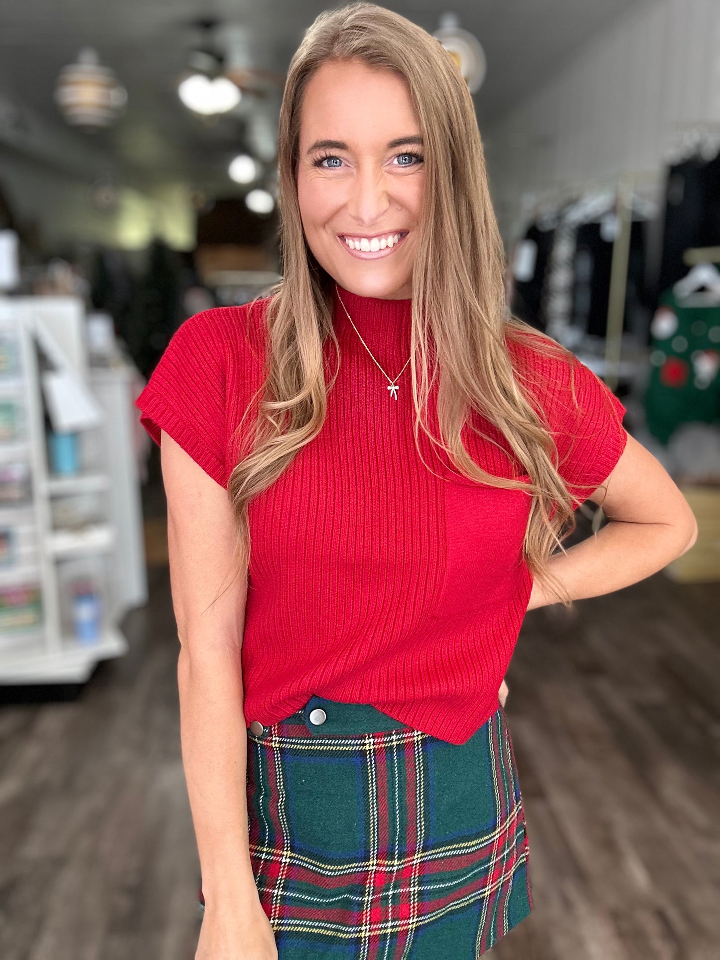 With Love Mock Neck Short Sleeve Sweater - Red