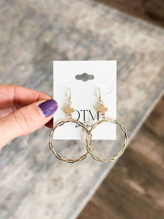 Cross & Chain Link Hoop Earrings (Gold)